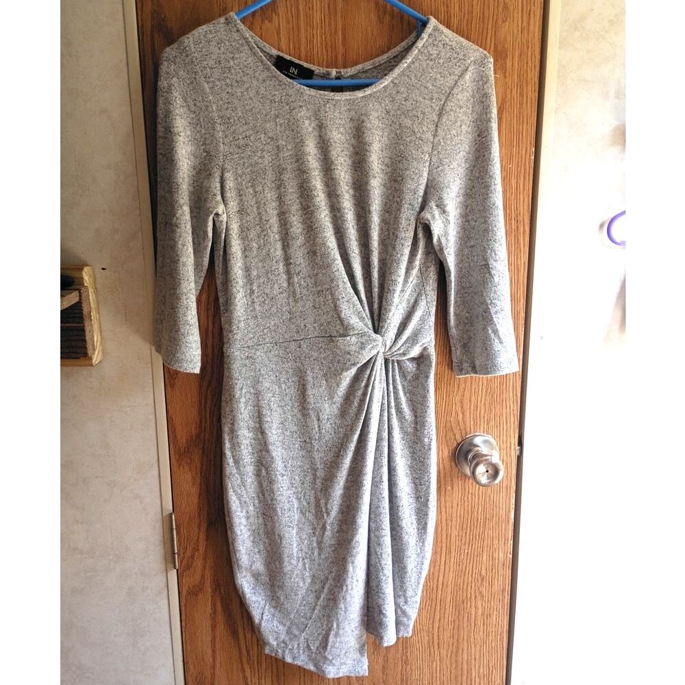 Gray Soft Knit Side Knot Dress Small Stretch 3/4 Sleeve Draped Minimalist Small